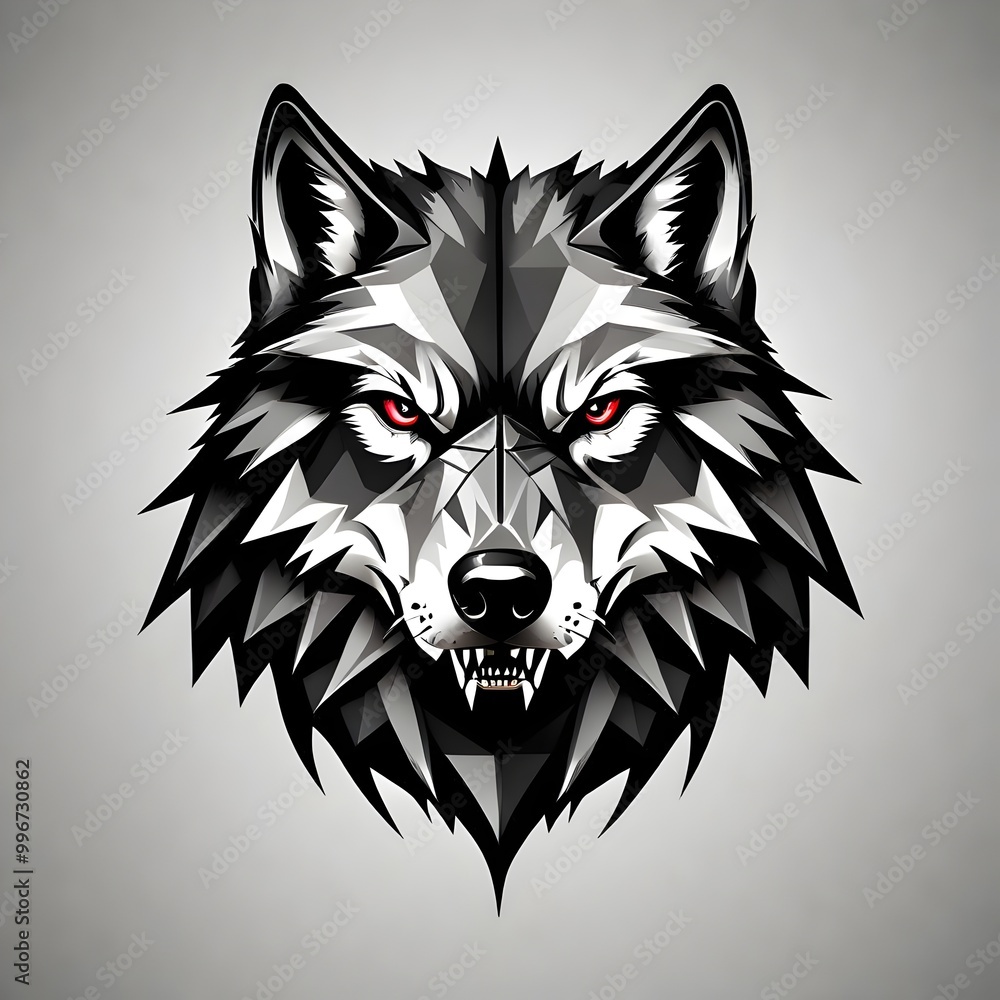 Fototapeta premium A bold geometric representation of a wolf's head with angular shapes and intense colors logo set against a clean white background. Generative AI