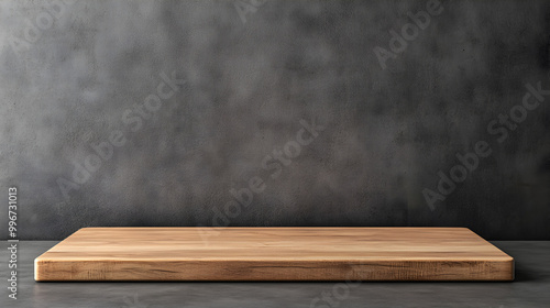 Wood countertop in the kitchen. Empty wooden table for product against dark concrete wall background. 3D brown podium for advertising. Mockup with design platform.