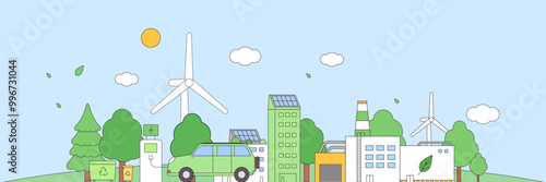 ESG, green energy, sustainable industry. Ecological production integration concept banner. Environmental, Social, Corporate Governance vector illustration. Eco cityscape scene or landscape background.