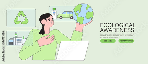 Woman eco activist tell about earth green power sources. ESG, green energy, sustainable industry or ecological production banner. Environmental, Social, Corporate Governance vector illustration.