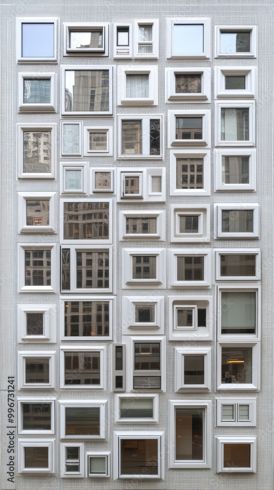 The exterior wall of an office building features a detailed arrangement of numerous windows in varying sizes and shapes, showcasing a modern urban design with clean lines The exterior wall of an office building features a detailed arrangement of numerous windows in varying sizes and shapes, showcasing a modern urban design with clean lines