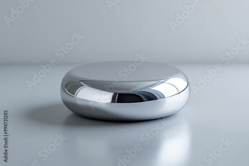 a stunning, close-up view of a single, shiny, and new metal paperweight on a light gray background, with a subtle reflection on its surface.