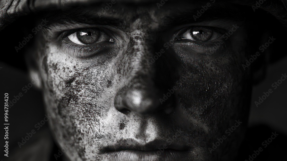 A close-up portrait of a soldier with a serious expression, showcasing grit and determination. A close-up portrait of a soldier with a serious expression, showcasing grit and determination.