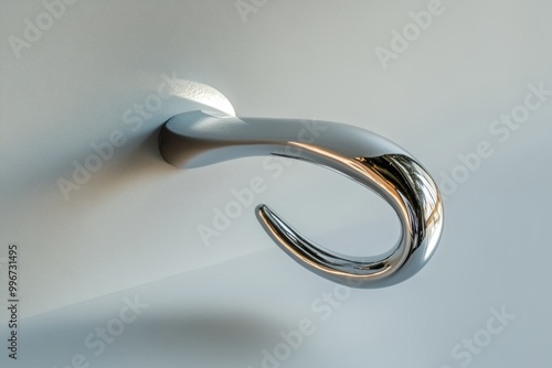 a stunning, macro shot of a single, shiny, and new metal coat hook on a light gray background, with a subtle reflection on its surface. photo