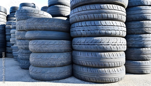 Abandoned old tires stacked for recycling efforts