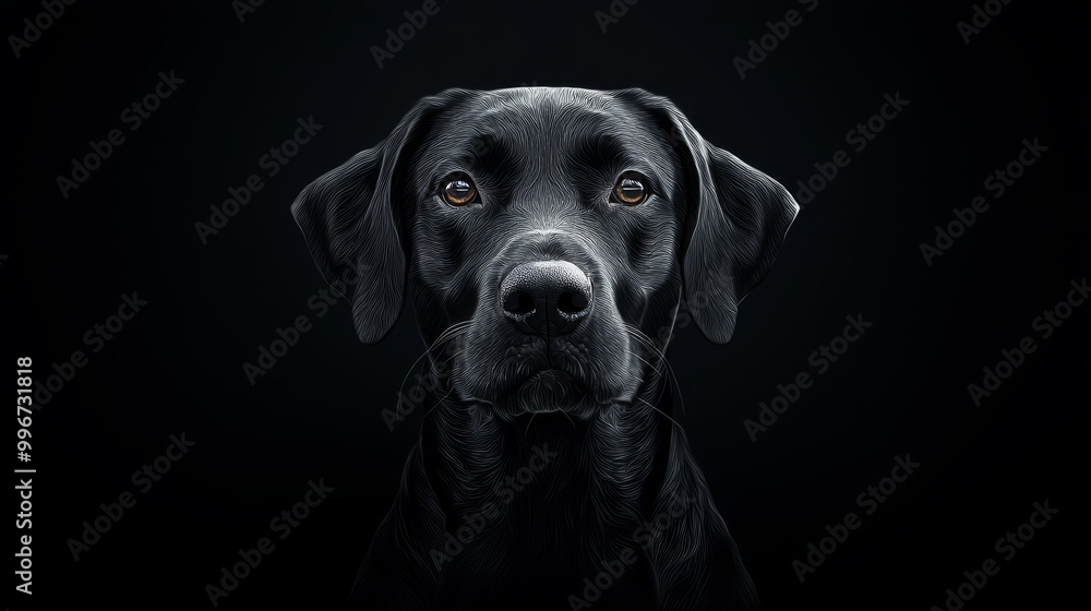 A dog's face in close-up against a black backdrop with a white focal point in the form of a circle A dog's face in close-up against a black backdrop with a white focal point in the form of a circle