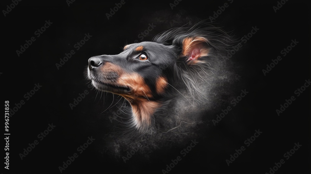Fototapeta premium A dog's close-up face with smoke emanating from its ears against a black backdrop