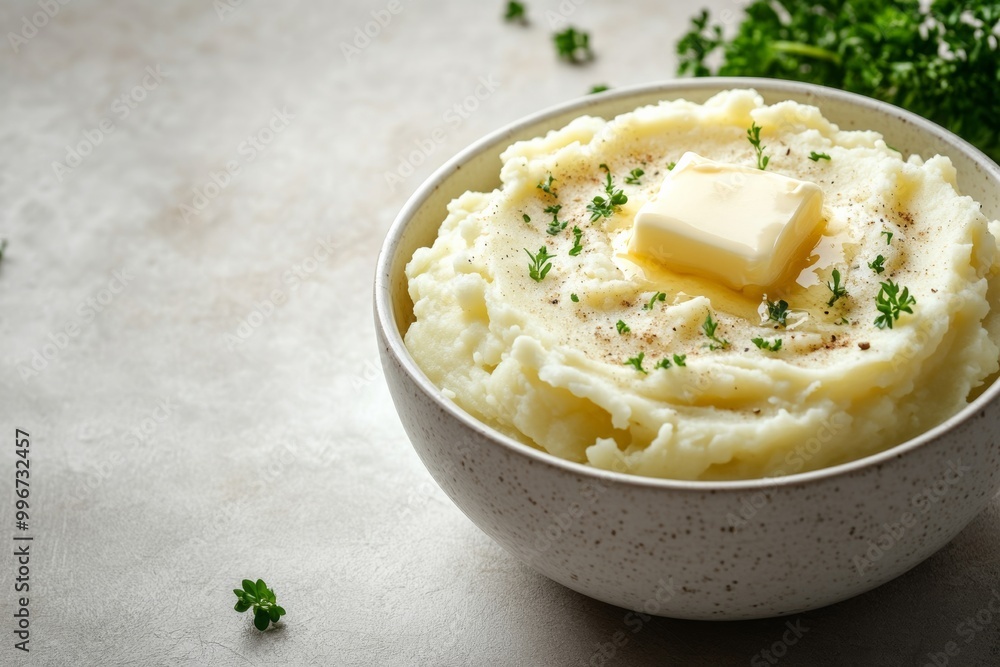 A bowl of creamy mashed potatoes topped with a pat of melting butter, minimal rustic kitchen background with copy space A bowl of creamy mashed potatoes topped with a pat of melting butter, minimal rustic kitchen background with copy space