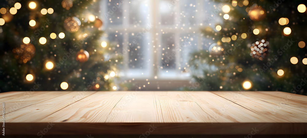 A wood table, tabletop product display with a festive Christmas background of Christmas tree and fairy lights. A wood table, tabletop product display with a festive Christmas background of Christmas tree and fairy lights.
