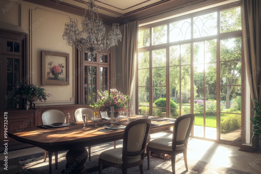 a stylish dining room with a wooden table, a chandelier, and a large window with a garden view a stylish dining room with a wooden table, a chandelier, and a large window with a garden view