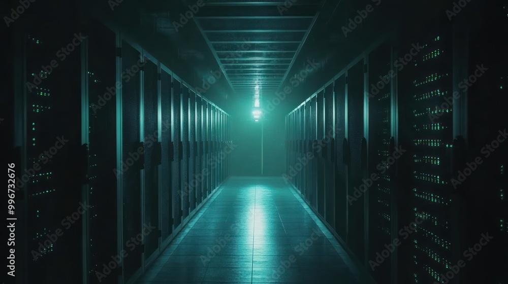 A dimly lit server room with rows of servers emitting green lights. A dimly lit server room with rows of servers emitting green lights.