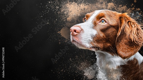  A tight shot of a dog's face, marked with brown and white spots, set against a black backdrop photo