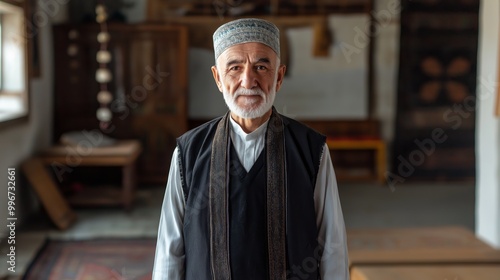 Portrait of MiddleAged Man in Traditional Bektashi Attire in Cultural Interior Setting photo