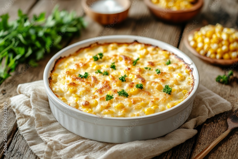 A dish of creamy corn casserole, minimal background with copy space A dish of creamy corn casserole, minimal background with copy space