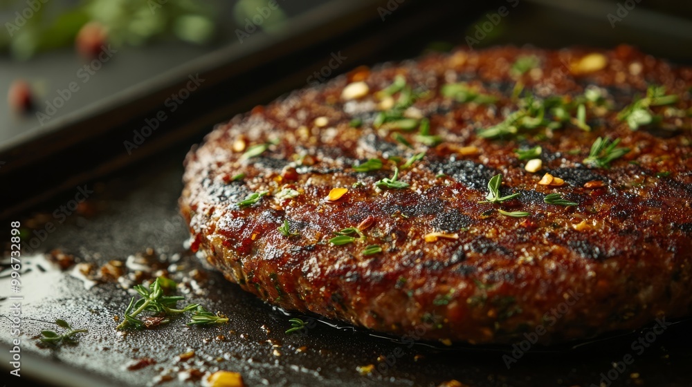 A savory plant-based meat alternative, enhanced with aromatic herbs and spices, bakes on a tray in a warm kitchen, ready for a flavorful meal A savory plant-based meat alternative, enhanced with aromatic herbs and spices, bakes on a tray in a warm kitchen, ready for a flavorful meal