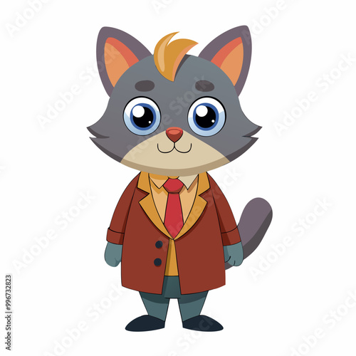 Stands out in style with a coat tie. Cartoon picture of cute cat on white background