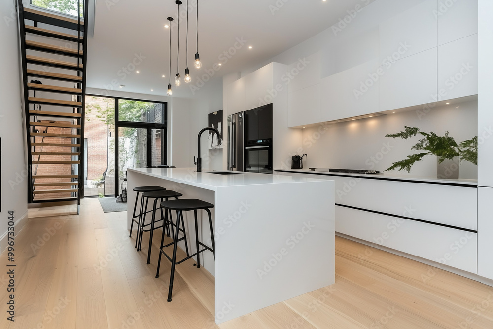 Fototapeta premium A clean, minimalist open-concept kitchen with white quartz countertops and sleek handleless cabinetry. The central island features a waterfall edge design, while the matte black bar stools offer a sub