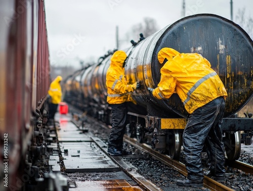 Workers securing oil barrels on a freight train, ready for long-distance transport, showcasing the logistics involved in moving oil from production sites to markets photo