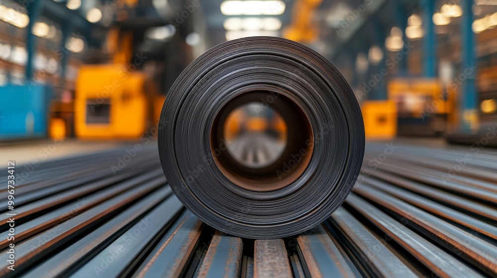 Fototapeta premium Close-up of steel coils in a modern metalworking facility, detailed textures, advanced machinery in the background, bright and spacious industrial environment