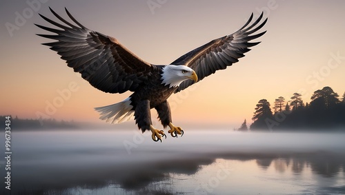 Wallpaper Mural The dawn sky, tinged with gentle hues of pink and gold, reflects in the calm waters below, creating a tranquil backdrop for the eagle’s powerful silhouette.  Torontodigital.ca