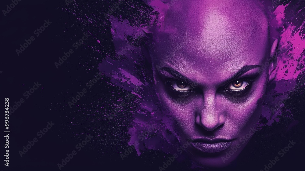 A tight shot of a bald head, smeared with purple paint splatters A tight shot of a bald head, smeared with purple paint splatters