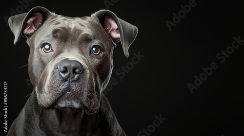  Close-up of a dog's intense face against a black backdrop