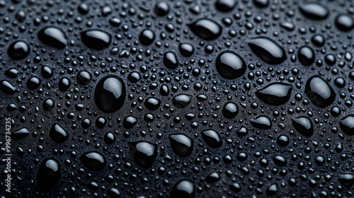 Water drops on a black background. Glass texture with droplets. Surface wet with dew. Abstract wallpaper in bubbles.