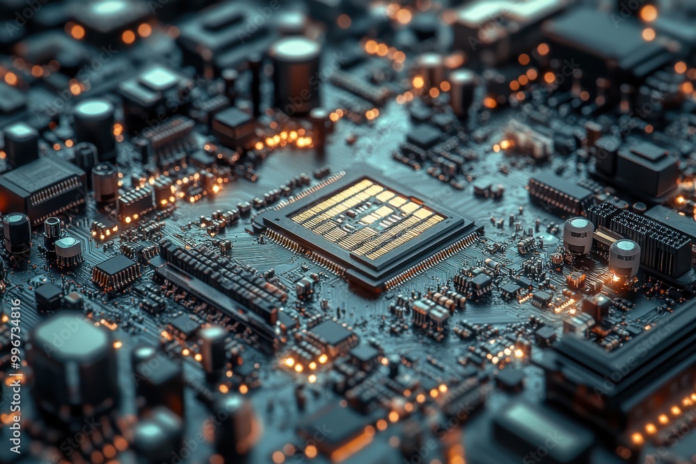 Close-up view of a modern computer motherboard with illuminated components, showcasing intricate details and technology complexity. Close-up view of a modern computer motherboard with illuminated components, showcasing intricate details and technology complexity.