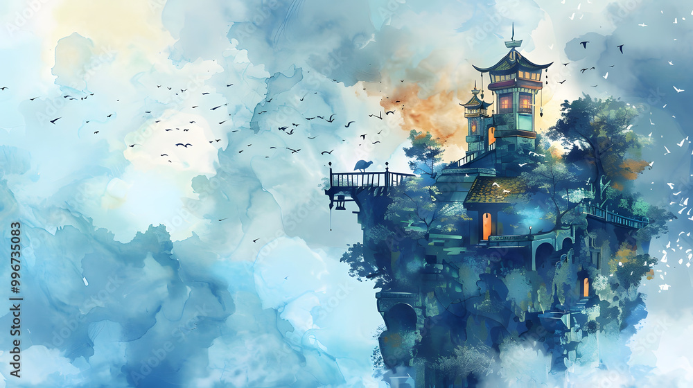 Mystic Tower building fantasy Watercolor Mystic Tower building fantasy Watercolor