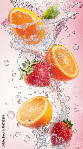  Oranges and strawberries are dropping into a glass of water against a pink background ..Or Oranges and strawberries are submerged in a pink