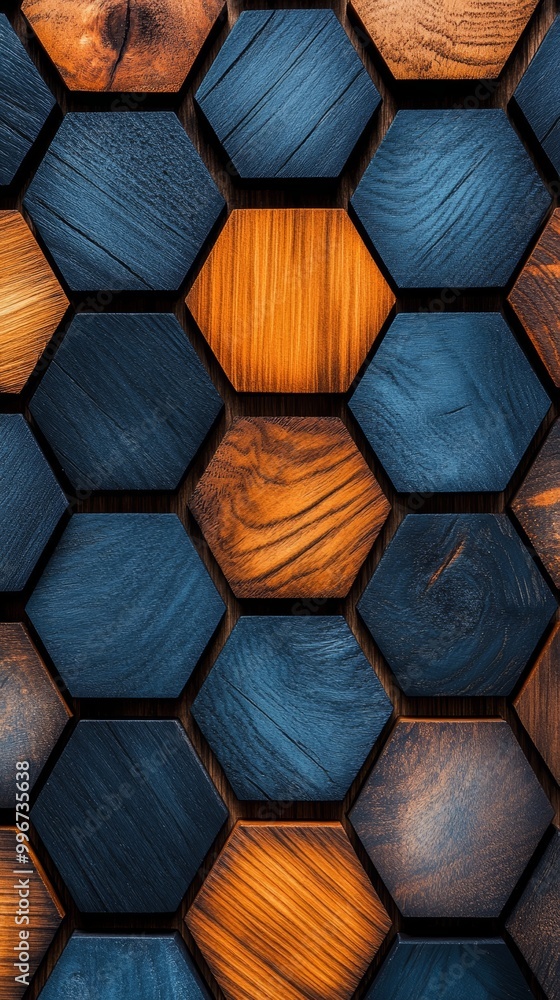 A tight shot of a wooden surface showcases a hexagonal tile design in varying shades of blue and brown A tight shot of a wooden surface showcases a hexagonal tile design in varying shades of blue and brown