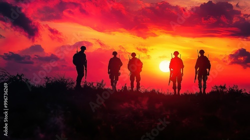 Silhouetted soldiers against a vibrant sunset, symbolizing courage and unity.