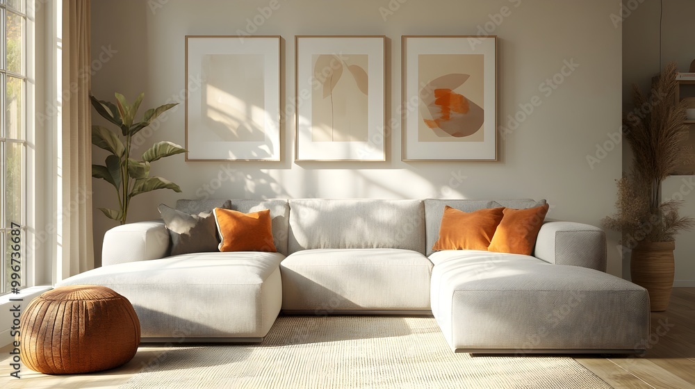 Fototapeta premium Cozy and inviting modern living room showcasing a comfortable sectional sofa and minimalist chic decor the warm color accents creating a welcoming ambiance cinematic lighting and details