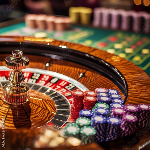 Casino roulette table. Roulette wheel and chips in casino. photo