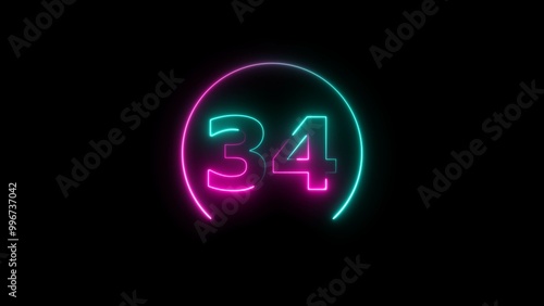 Abstract glowing neon countdown number 34 background 4k illustration.