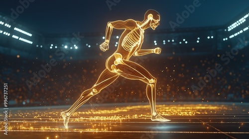 Digital X-ray visualization of a man running on a track, highlighting anatomy, speed, and athletic performance photo