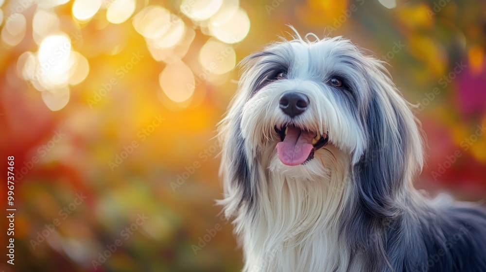 A happy dog with a fluffy coat poses against a colorful, blurred background. A happy dog with a fluffy coat poses against a colorful, blurred background.