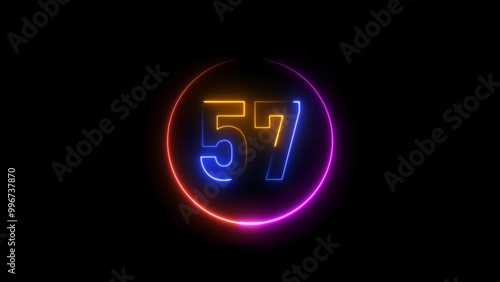 Abstract glowing neon 57 number background 4k illustration.