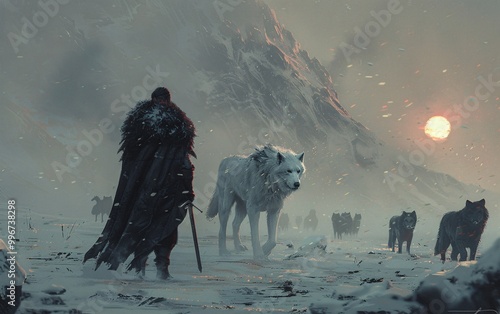 A man in a knight costume with a white wolf 