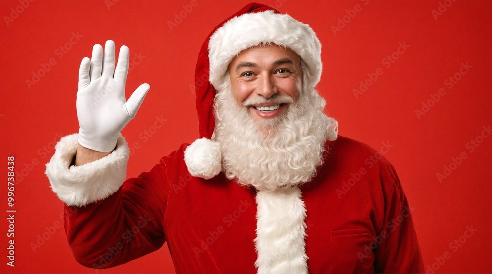 Naklejka premium Santa Claus wearing red traditional costume and smiling, waving with hand covered with white glove against red background