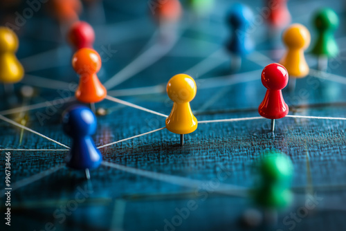 Colorful push pins interconnected by strings on a notice board, symbolizing a creative network or idea mapping. For visual communication concepts.