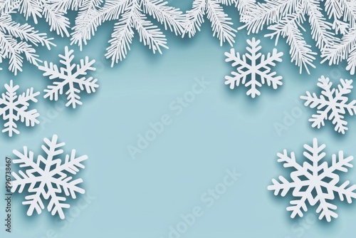 Winter-themed background featuring white snowflakes and pine branches on a soft blue backdrop for seasonal designs.