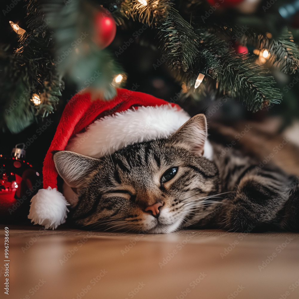 Adorable tabby cat wearing a Santa hat, lying comfortably under a decorated Christmas tree with lights and red baubles, capturing a cozy and festive holiday moment. Adorable tabby cat wearing a Santa hat, lying comfortably under a decorated Christmas tree with lights and red baubles, capturing a cozy and festive holiday moment.