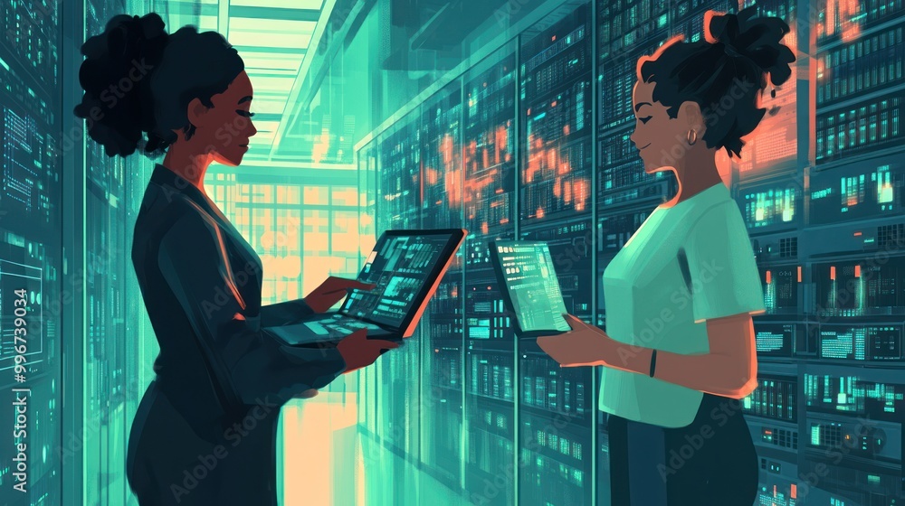 Two women analyzing data in a futuristic server room with glowing technology. Two women analyzing data in a futuristic server room with glowing technology.