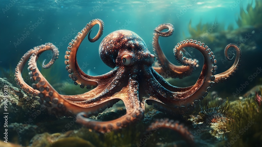 Curious deep sea octopus with its long tentacles exploring the vibrant and mysterious underwater ocean environment Discovering the wonders of the deep sea ecosystem Curious deep sea octopus with its long tentacles exploring the vibrant and mysterious underwater ocean environment Discovering the wonders of the deep sea ecosystem