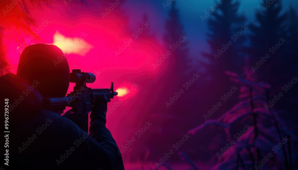Person aiming with a gun in a foggy forest, dramatic lighting effects. Person aiming with a gun in a foggy forest, dramatic lighting effects.