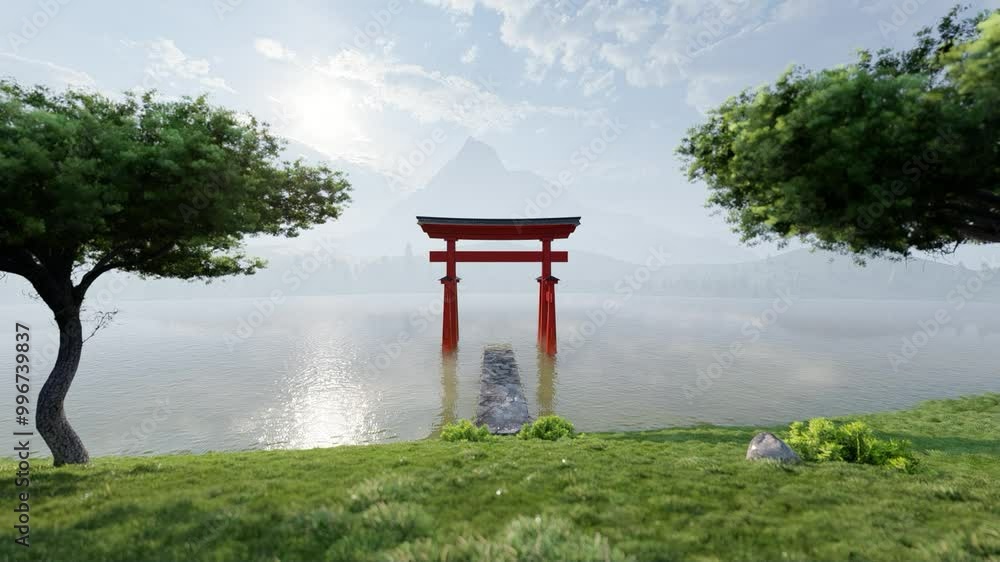 Japanese Torii Gate in Peaceful Lakeside Setting – 3D Render Japanese Torii Gate in Peaceful Lakeside Setting – 3D Render