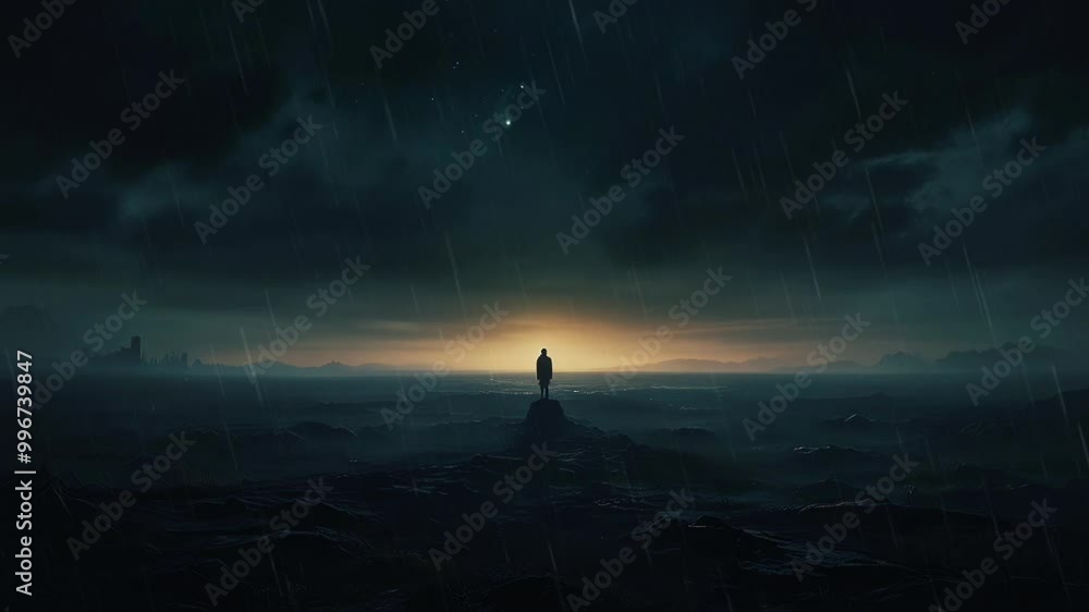 silhouette of a person in the middle of a heavy rainstorm, seamless looping 4k video animation silhouette of a person in the middle of a heavy rainstorm, seamless looping 4k video animation