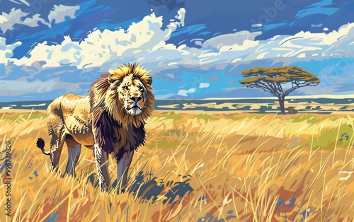 A painting of a lion in a field with a sky background photo