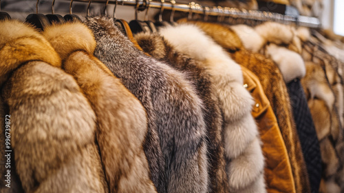 Close-up of various fur coats hanging on a rack, showcasing different textures, colors, and patterns under soft lighting.
 photo